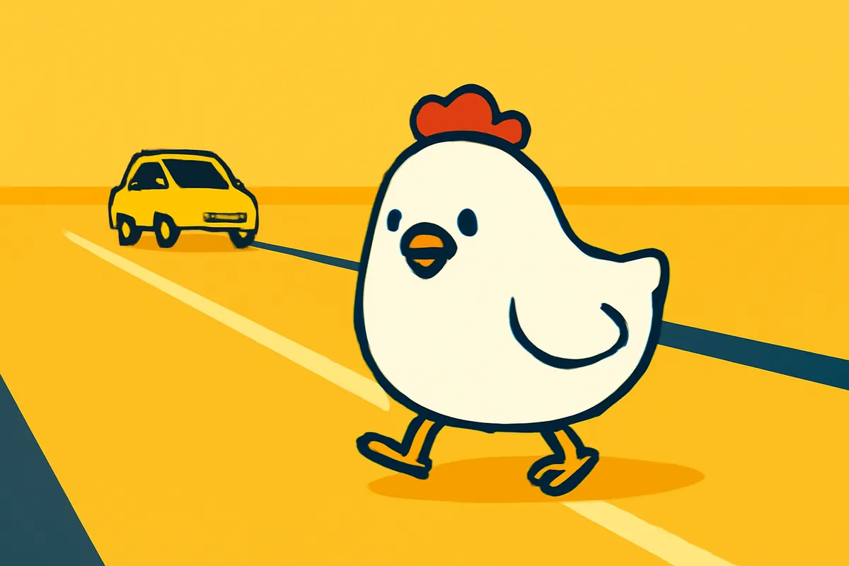 Illustrazione: la gallina attraversa con cautela una strada a più corsie