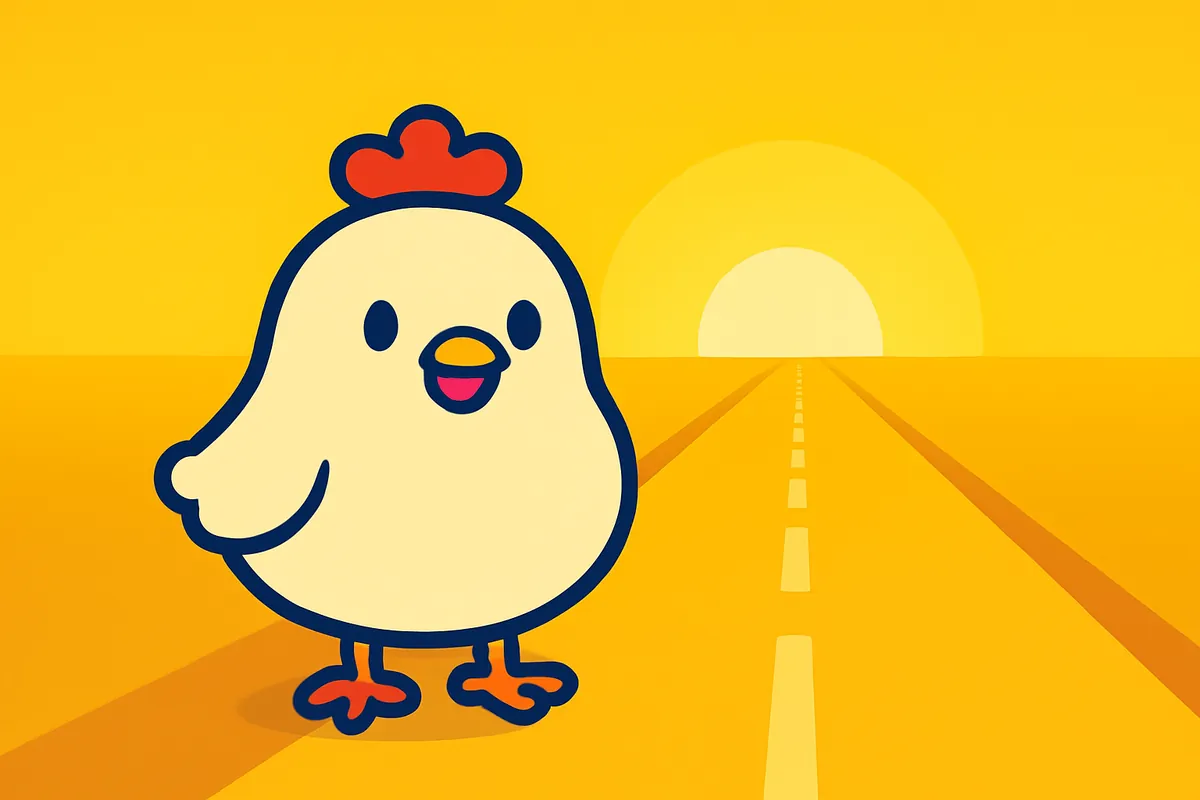 Illustrazione: la gallina all'inizio di una lunga strada asfaltata all'alba
